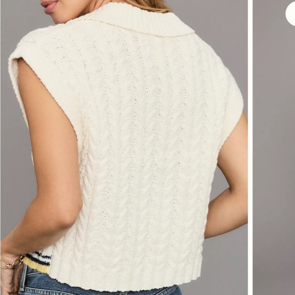 Anthropologie Maeve Cream Cable Knit Sleeveless Polo vest with Trim - Picture 4 of 10